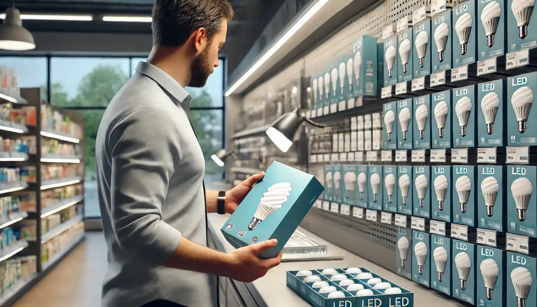 A man at a store counter selecting energy-saving LED light bulbs for purchase.