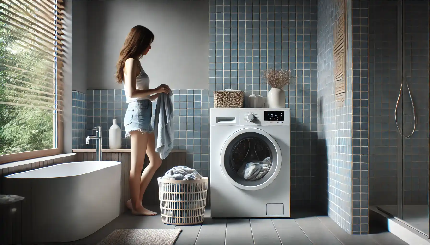 A woman is loading laundry into a washing machine in a bathroom.