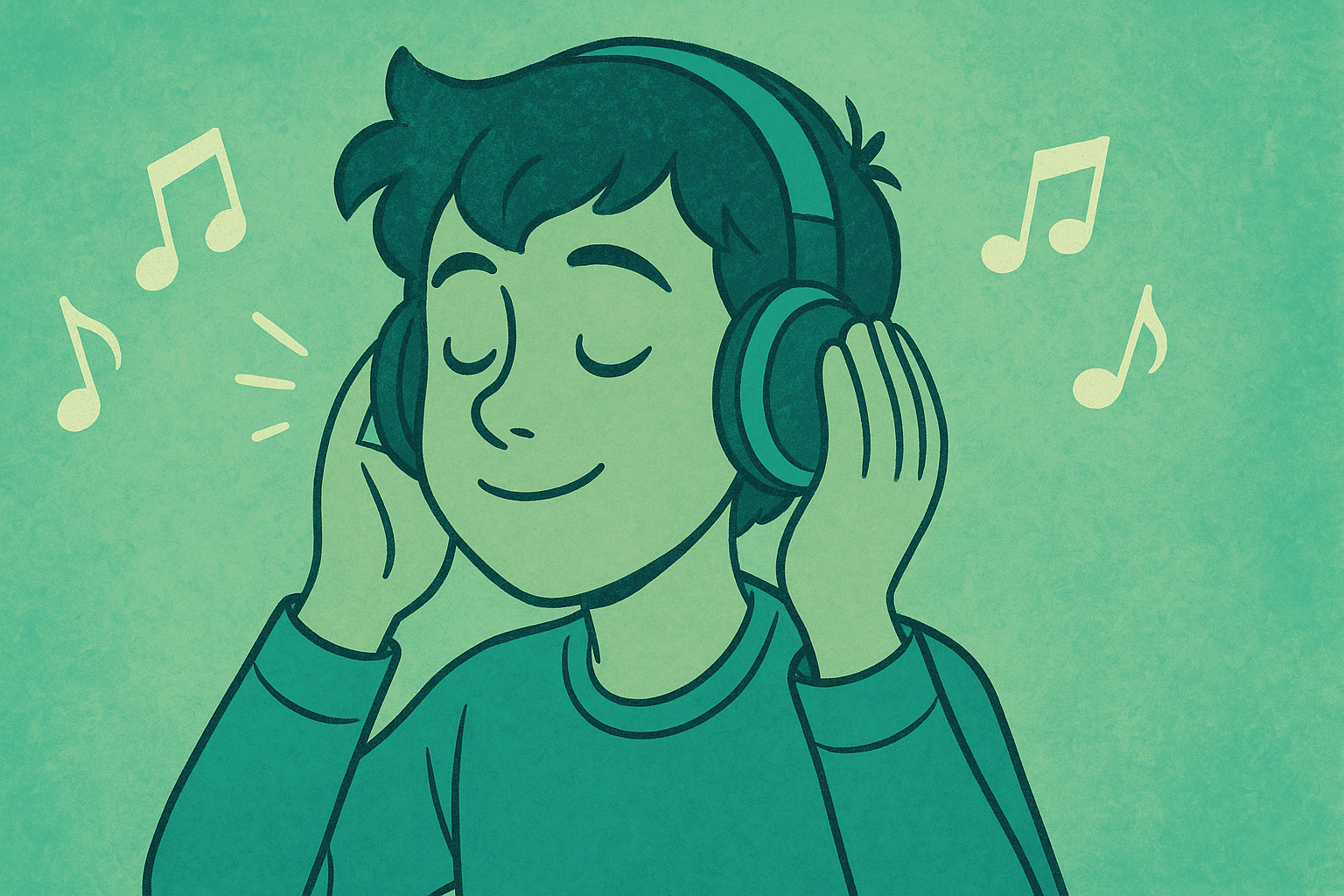 A boy with closed eyes, smiling while listening to music through large headphones, surrounded by floating musical notes.
