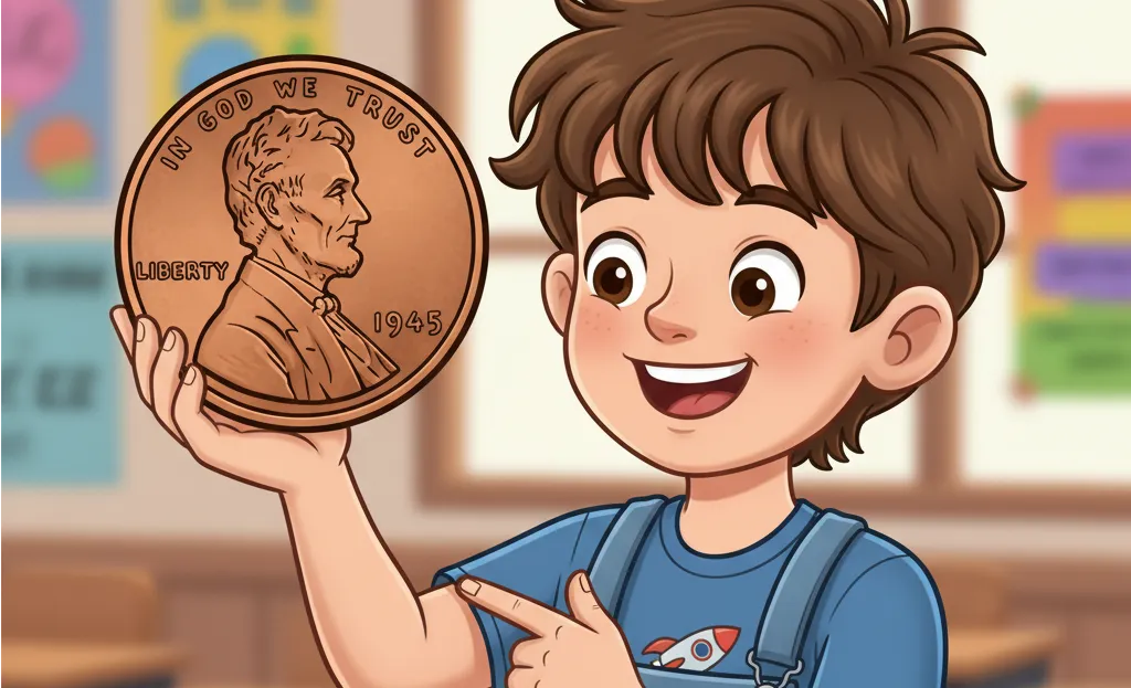 kid holding the 1945 Lincoln Wheat Penny