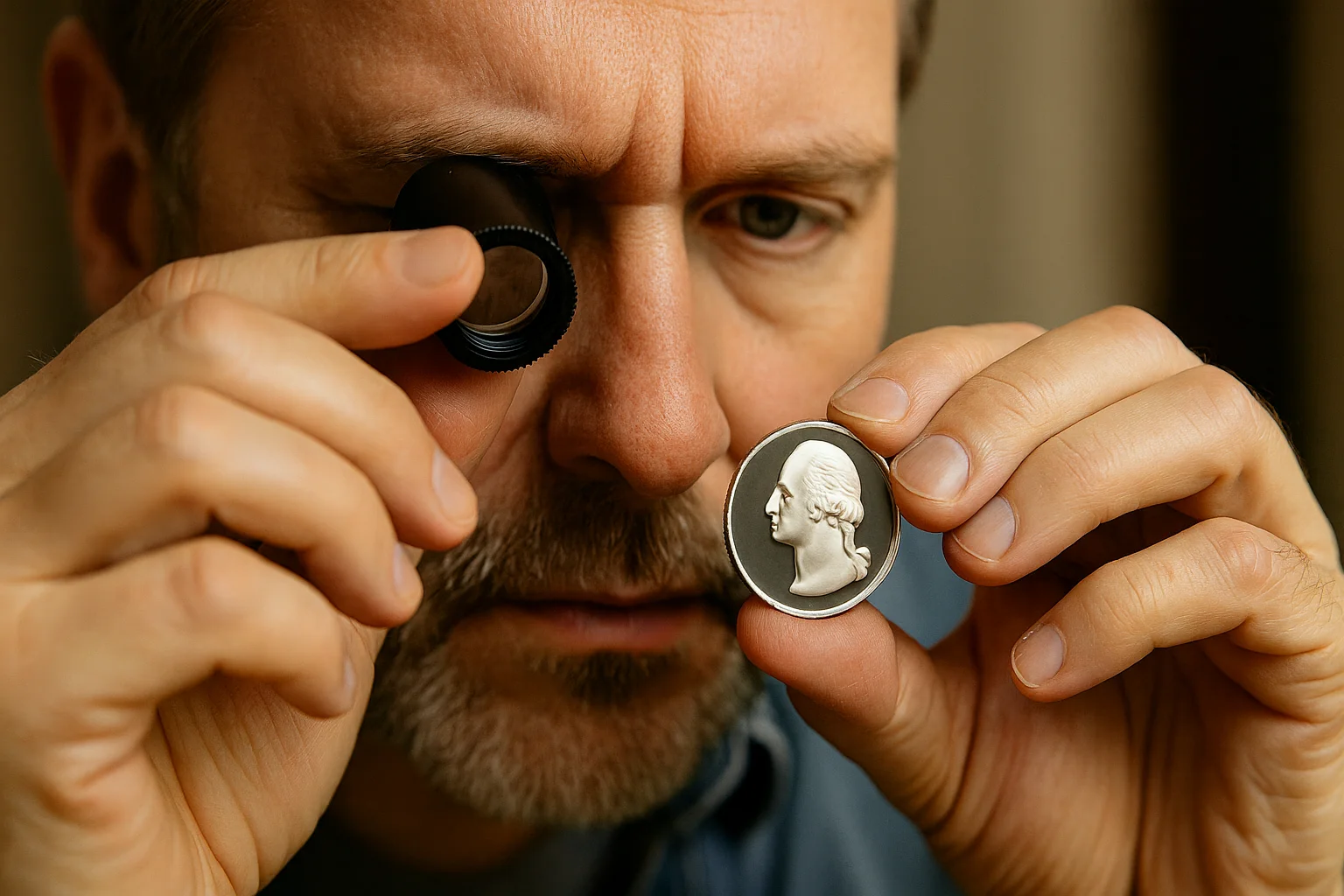 A numismatist examines a coin’s surface through a loupe to identify subtle finish characteristics such as reflectivity and texture.