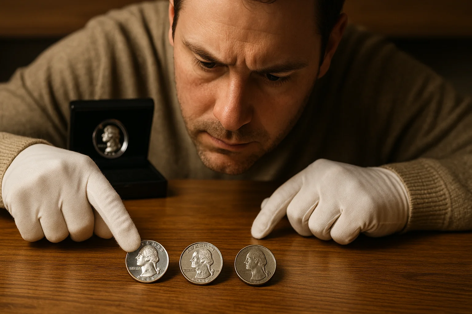 A collector compares three coins under warm lighting to evaluate differences in strike quality and surface finish.