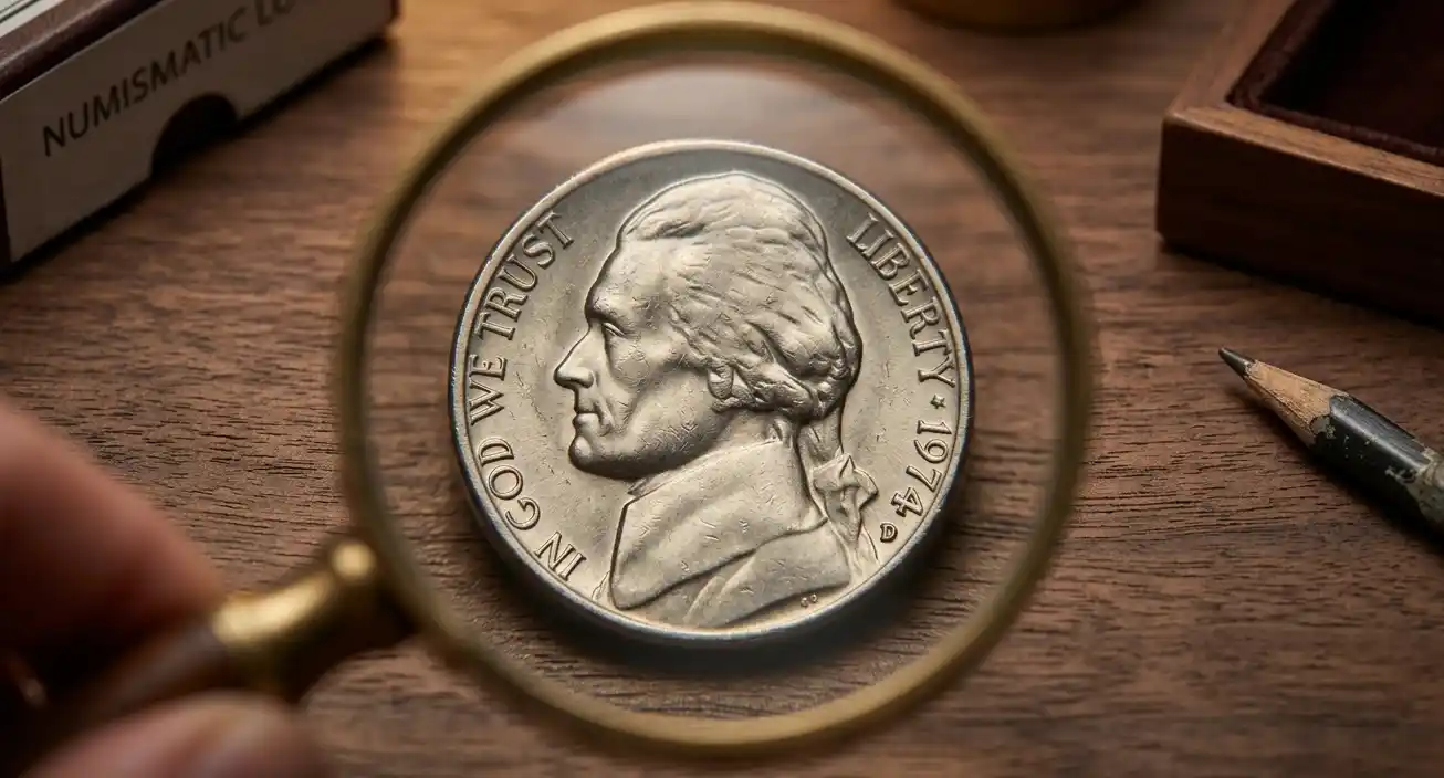 1974 Jefferson nickel coin under a magnifying glass
